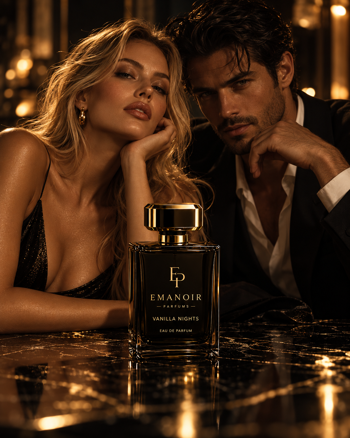 Vanilla Nights campaign with a woman, a man and the fragrance bottle