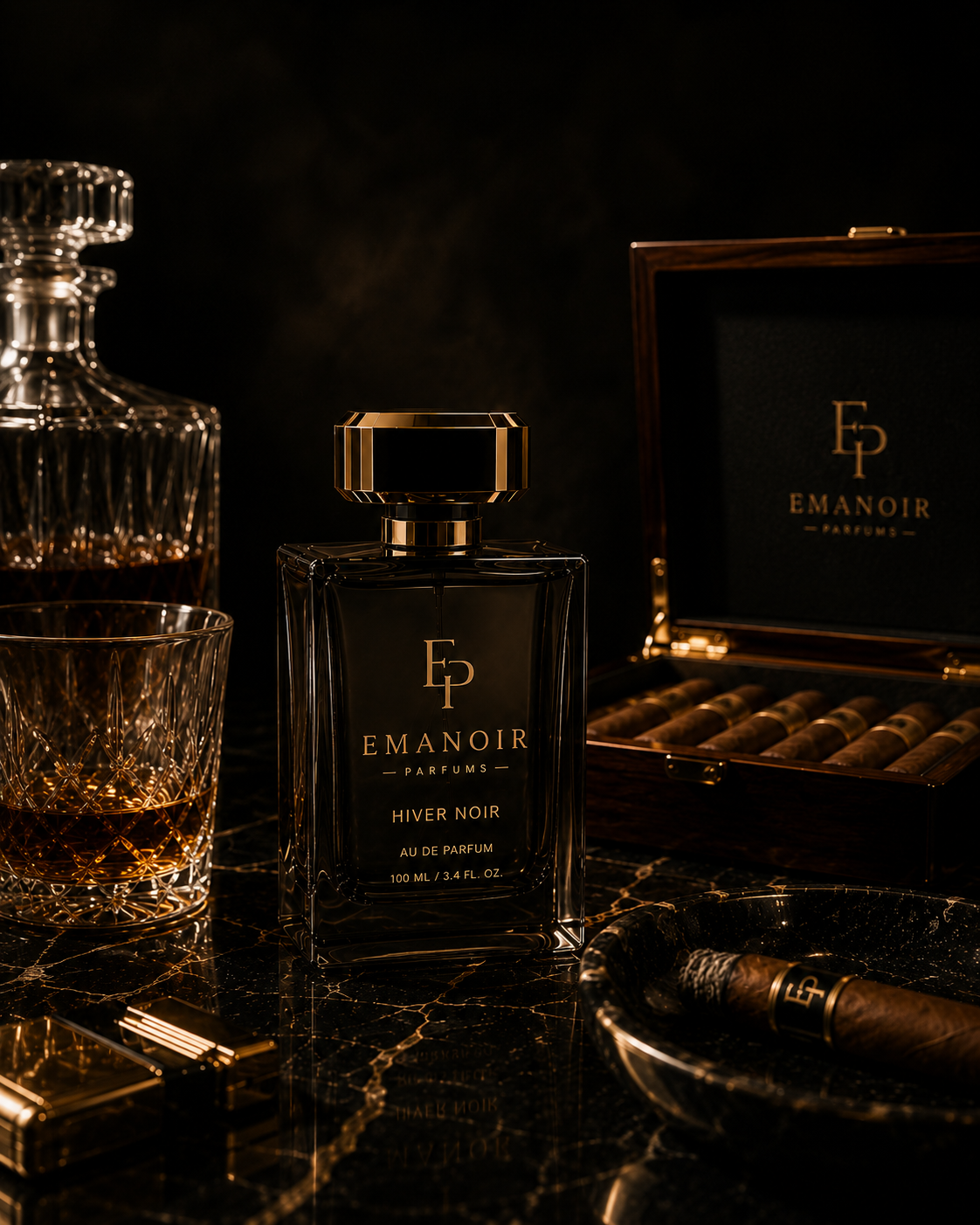 Emanoir Parfums Hiver Noir on black marble