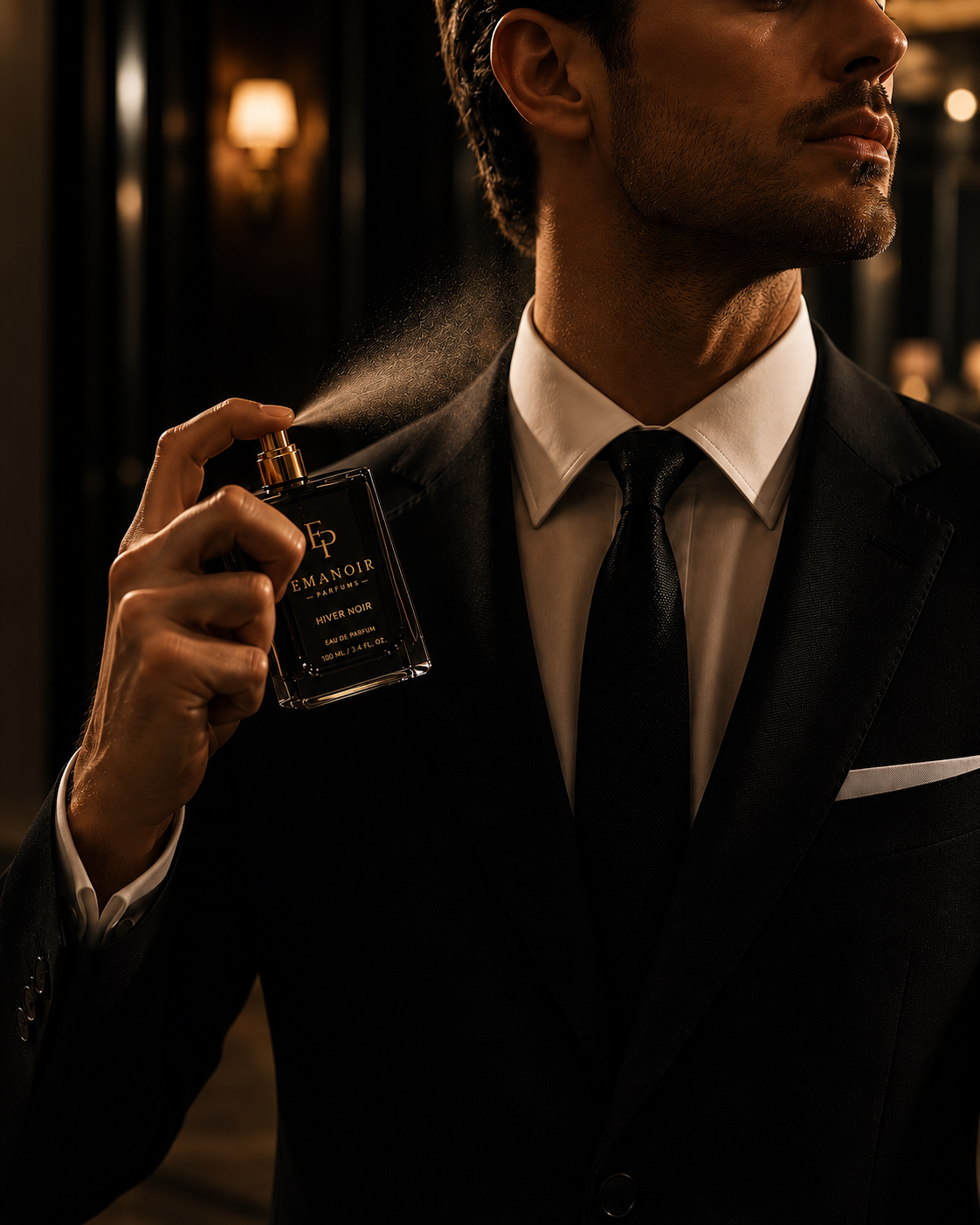 EMANOIR campaign — gentleman applying Hiver Noir