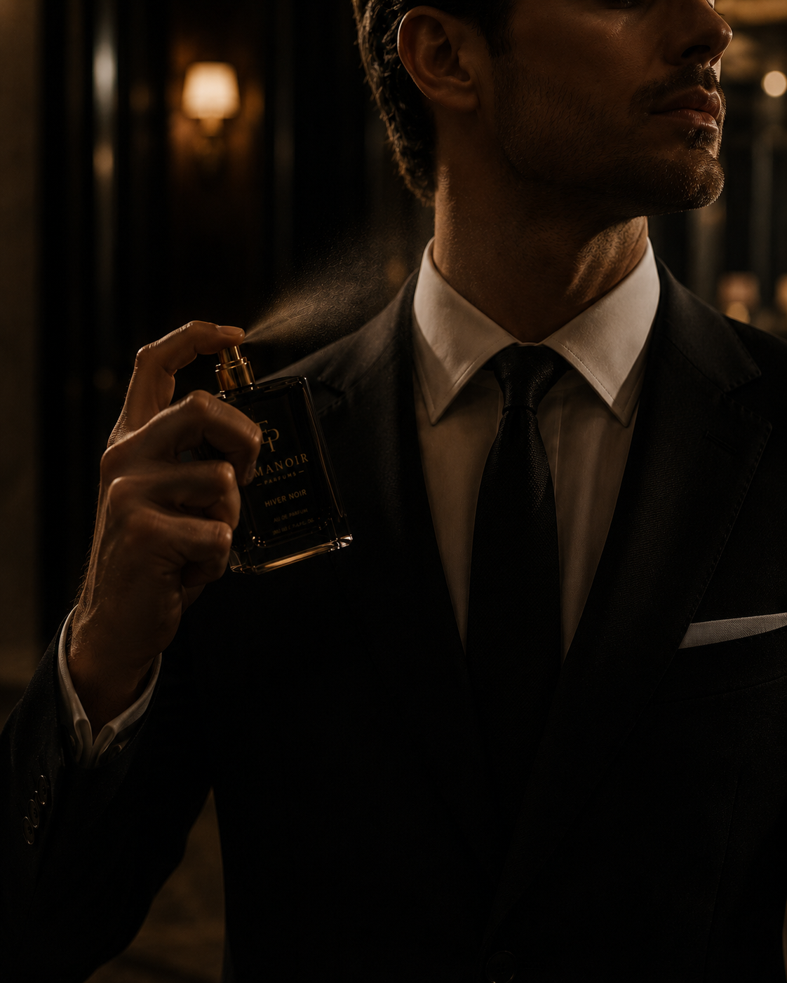 Emanoir Parfums campaign — gentleman applying Hiver Noir