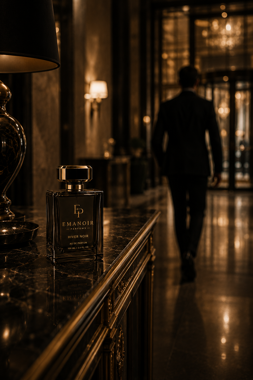 Emanoir Parfums Hiver Noir bottle in a candlelit hotel hall with a figure walking away